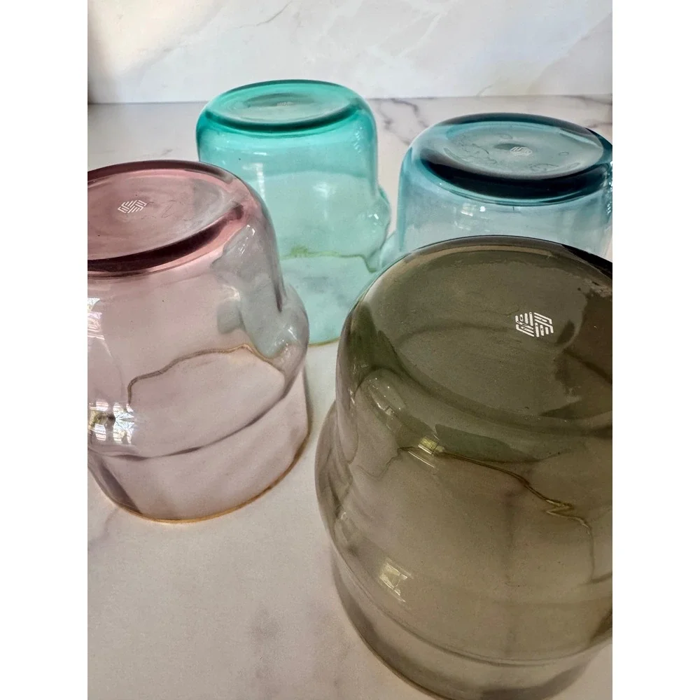 Set of 4 Stackable Colored Glass Tumblers with Gold Rim Mixed Jewel Tone Colors‎
